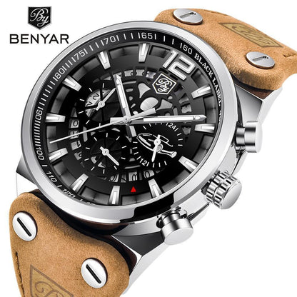 Mens Benyar analog chronograph watch with skeleton black dial, leather strap on Tampa Home & Garden Store