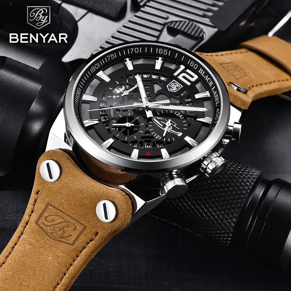 Mens military army analog chronograph watch from BENYAR with tan leather strap and skeleton dial on Tampa Home & Garden Store