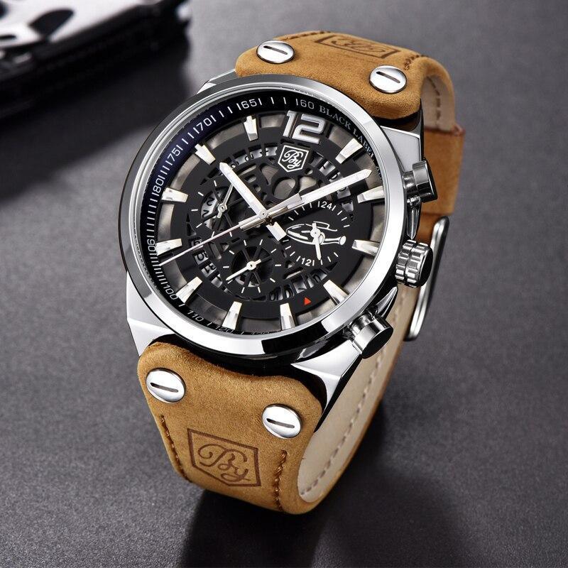 Stevvex ST441HKU69 mens military army watch with analog skeleton dial and tan leather strap on Tampa Home & Garden Store