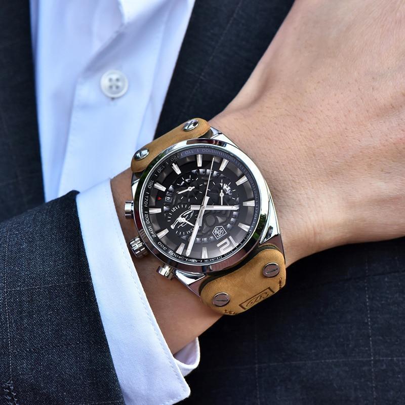 Stevvex ST441HKU69 men's military chronograph watch with tan leather strap and black dial on Tampa Home & Garden Store