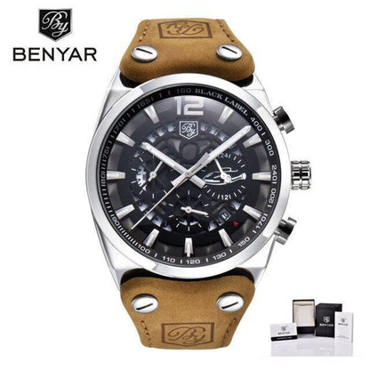 Mens military analog chronograph watch with tan leather strap, Benyar logo ST441HKU69 on Tampa Home & Garden Store