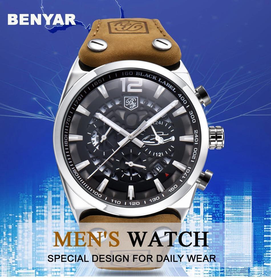 Stevvex men's military analog chronograph watch with brown leather strap and black dial on Tampa Home & Garden Store