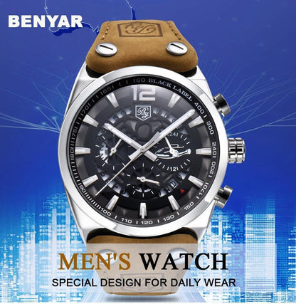 Stevvex men's military analog chronograph watch with brown leather strap and black dial on Tampa Home & Garden Store