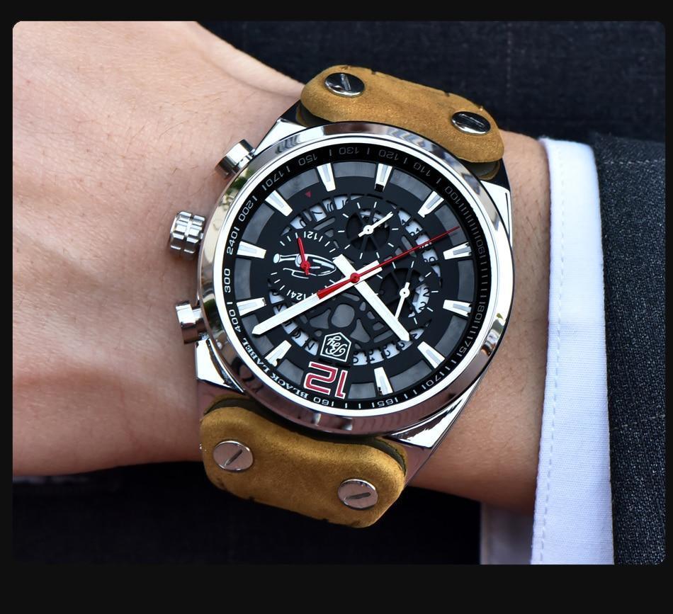 Stevvex men's military army analog chronograph watch with skeleton dial and brown leather strap on Tampa Home & Garden Store