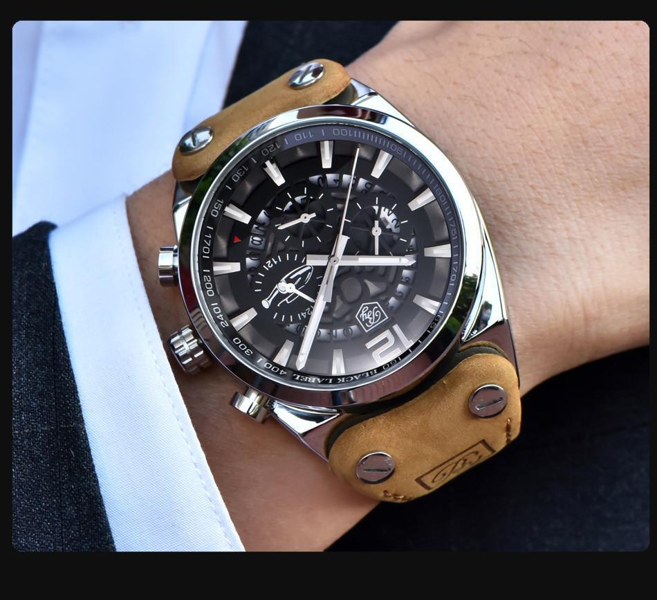 Stevvex men's military analog chronograph watch with black dial and tan leather strap on Tampa Home & Garden Store