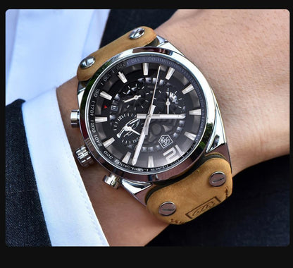 Stevvex men's military analog chronograph watch with black dial and tan leather strap on Tampa Home & Garden Store