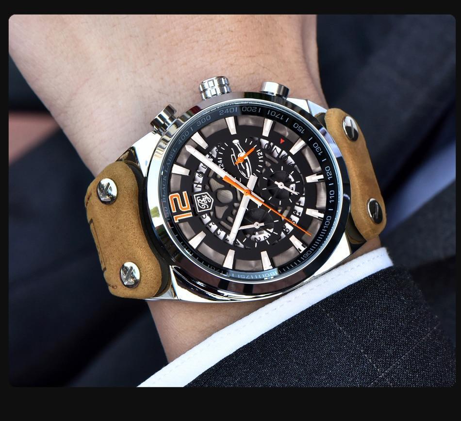 Stevvex mens military analog chronograph watch with tan leather strap and black dial on Tampa Home & Garden Store
