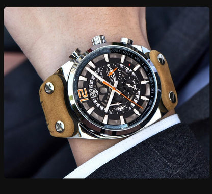 Stevvex mens military analog chronograph watch with tan leather strap and black dial on Tampa Home & Garden Store