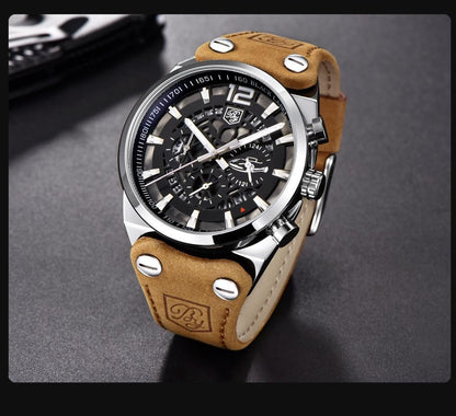 Stevvex men's military chronograph watch with tan leather strap, black skeleton dial on Tampa Home & Garden Store