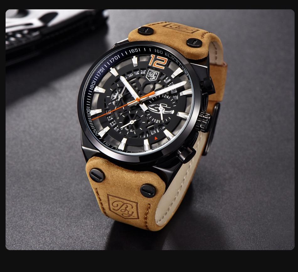 Stevvex men's military chronograph watch, black case, skeleton dial, orange hands, tan strap on Tampa Home & Garden Store