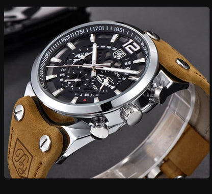 Stevvex men's analog skeleton chronograph watch with tan leather strap and silver case on Tampa Home & Garden Store