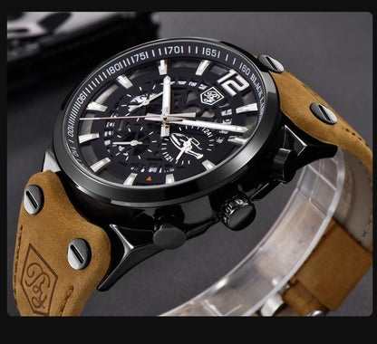 Mens Military Watch analog chronograph with black case and tan leather strap Stevvex ST441HKU69 on Tampa Home & Garden Store