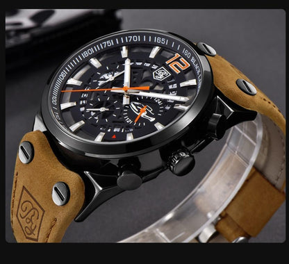 Stevvex mens military army chronograph watch with black case and brown leather strap on Tampa Home & Garden Store