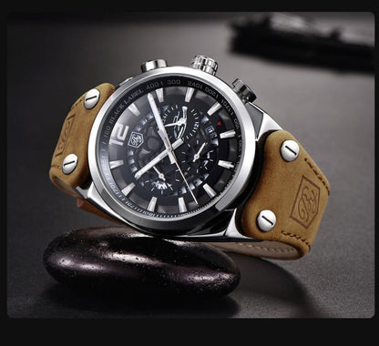 Mens Military Army Analog Chronograph Watch Stevvex with tan leather strap silver case black dial on Tampa Home & Garden Store