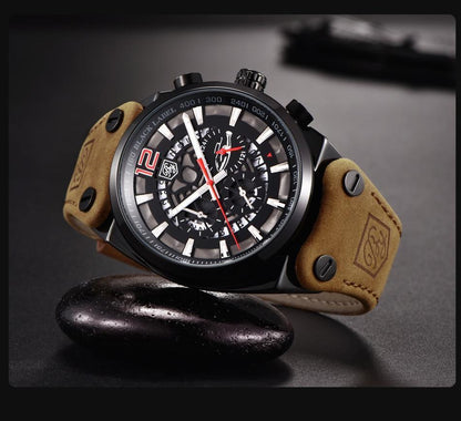 Stevvex ST441HKU69 men's analog chronograph watch with skeleton dial and tan leather strap on Tampa Home & Garden Store