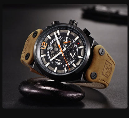 Stevvex men's military analog chronograph watch with genuine leather strap, black dial on Tampa Home & Garden Store