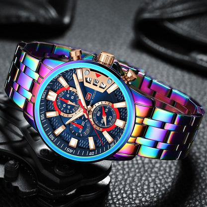 Stevvex rainbow stainless steel sport watch with blue dial and rose-gold accents on Tampa Home & Garden Store