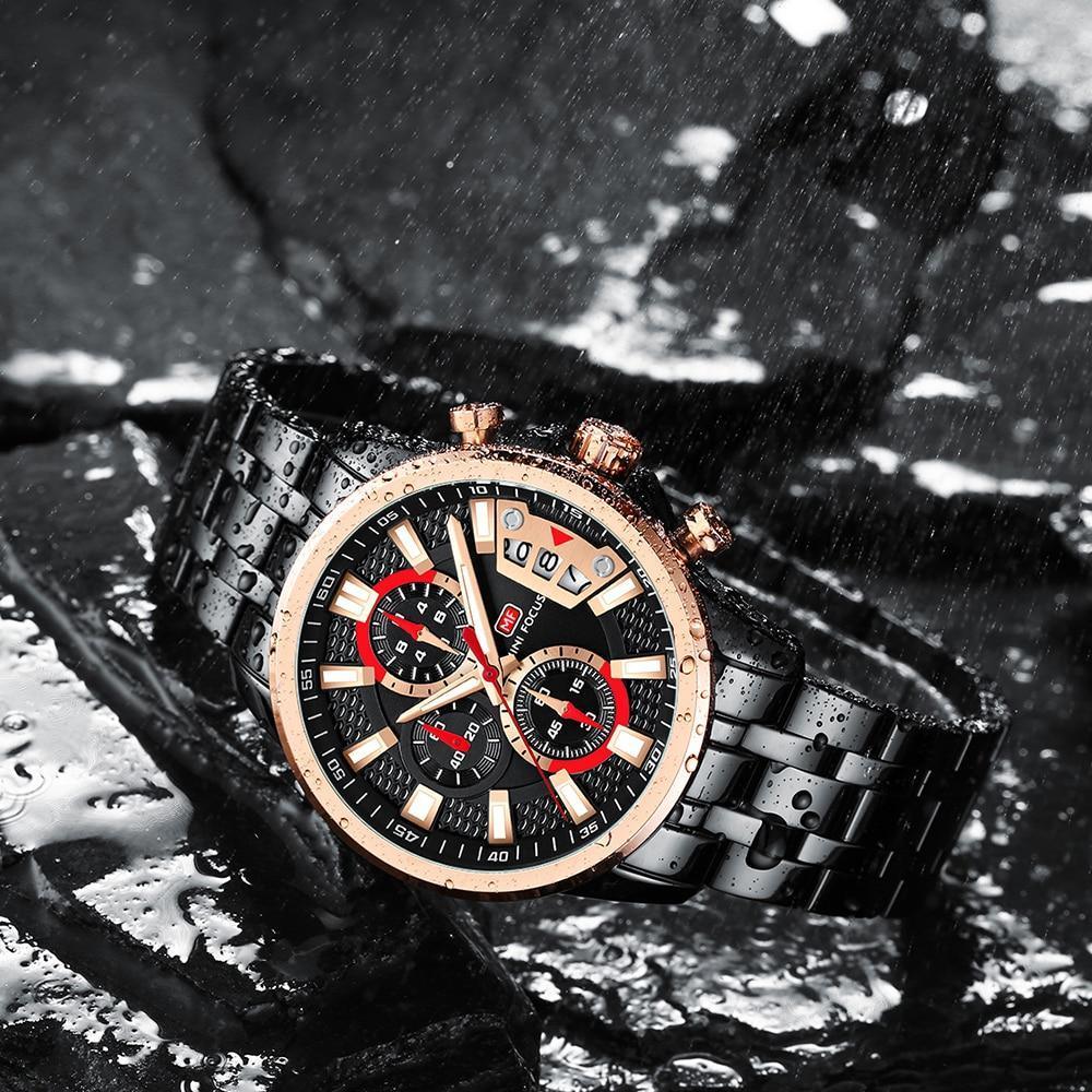 Sport Multifunctional Luxury Mens Watch Stevvex with rose gold bezel and black steel band on Tampa Home & Garden Store