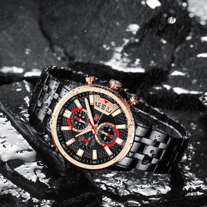 Sport Multifunctional Luxury Mens Watch Stevvex with rose gold bezel and black steel band on Tampa Home & Garden Store