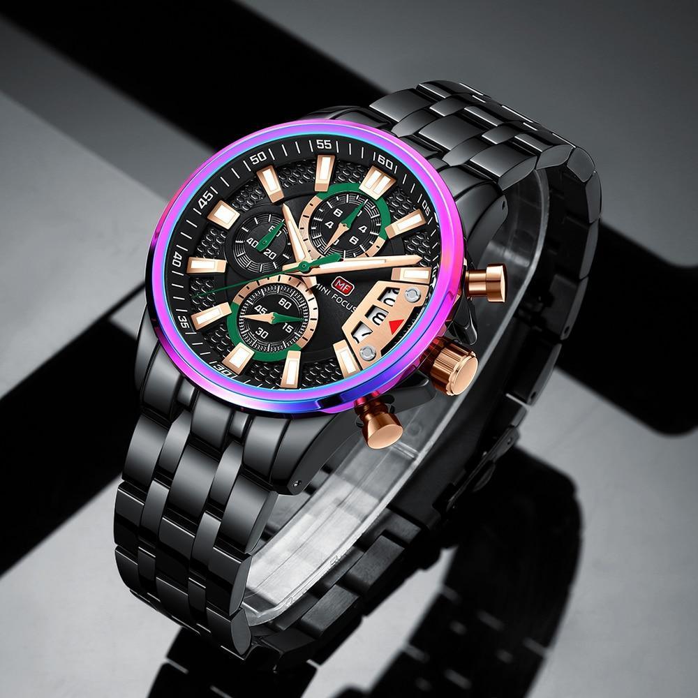 Stevvex ST444LXRYWC1 luxury watch with black stainless steel bracelet and colorful bezel on Tampa Home & Garden Store