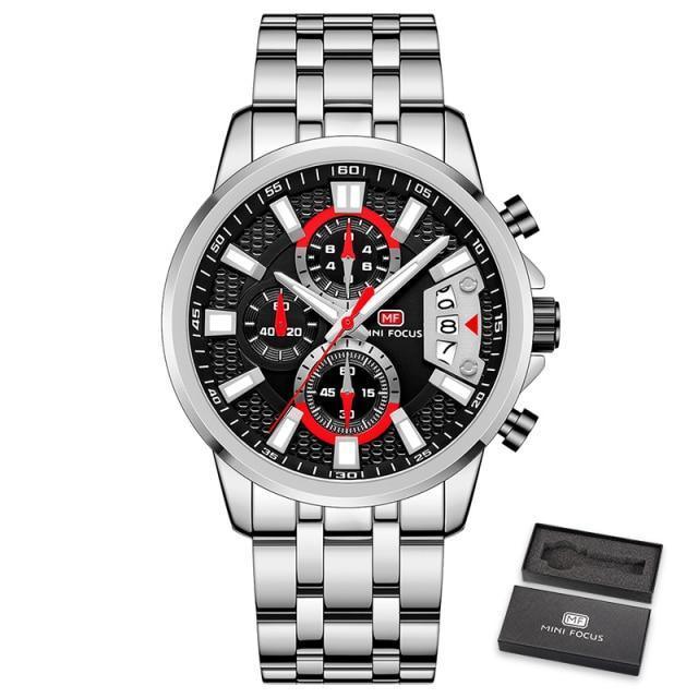 Stevvex sport men's watch with stainless steel bracelet, black dial, red accents, waterproof on Tampa Home & Garden Store