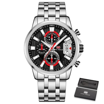 Stevvex sport men's watch with stainless steel bracelet, black dial, red accents, waterproof on Tampa Home & Garden Store
