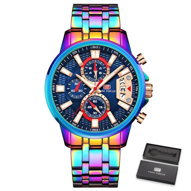Stevvex mens watch luxury sport rainbow stainless steel bracelet blue dial chronograph on Tampa Home & Garden Store