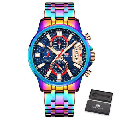 Stevvex mens watch luxury sport rainbow stainless steel bracelet blue dial chronograph on Tampa Home & Garden Store