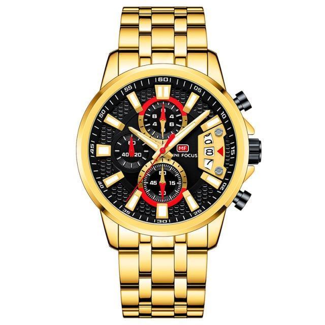 Sport multifunctional luxury mens watch by Stevvex with black dial gold stainless bracelet on Tampa Home & Garden Store