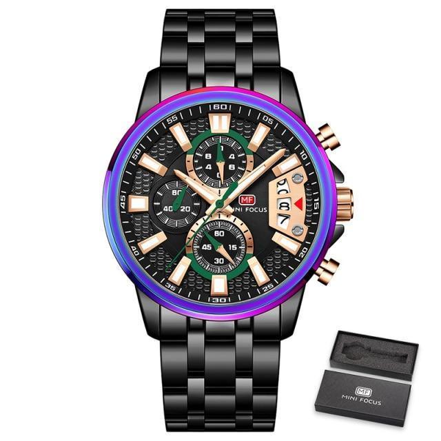 Stevvex men's sport luxury quartz watch, black stainless steel band, purple bezel on Tampa Home & Garden Store
