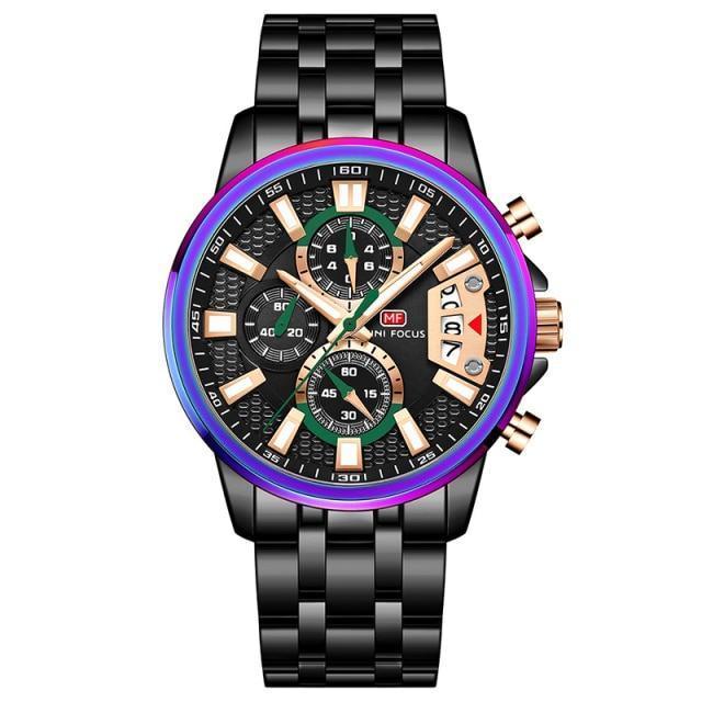Sport multifunctional luxury mens watch Stevvex with black stainless steel band and purple bezel on Tampa Home & Garden Store