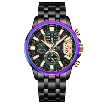 Sport multifunctional luxury mens watch Stevvex with black stainless steel band and purple bezel on Tampa Home & Garden Store