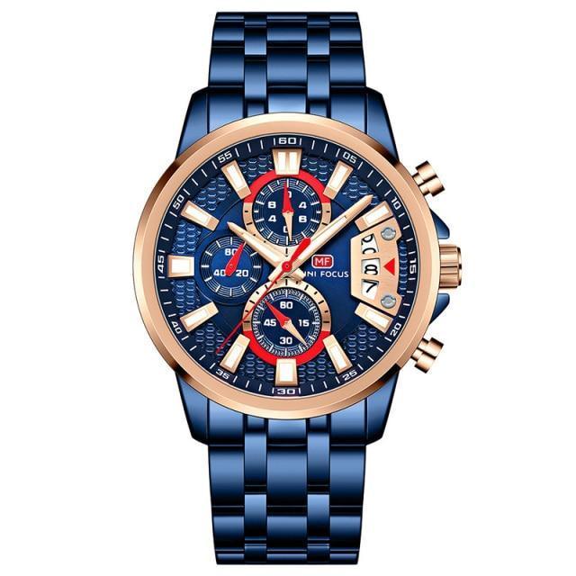 Sport luxury mens watch by Stevvex with blue steel band and rose gold bezel chronograph on Tampa Home & Garden Store