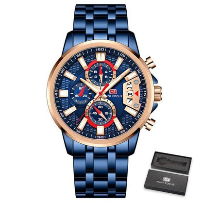 Stevvex luxury mens watch blue steel band rose gold bezel chronograph with subdials on Tampa Home & Garden Store