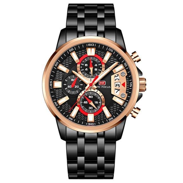 Sport luxury men's quartz wristwatch with rose-gold bezel and Stevvex black bracelet on Tampa Home & Garden Store