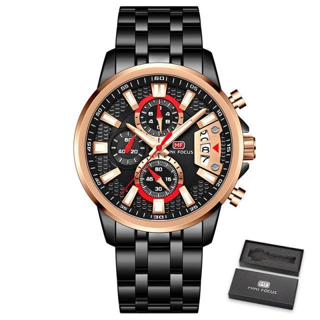 Stevvex sport luxury mens watch, black stainless steel band, rose gold bezel, red subdials, date on Tampa Home & Garden Store