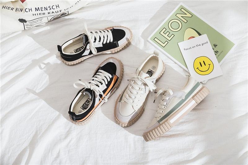 Womens Stevvex canvas sneakers with striped accents, low-cut vulcanized trainers in black, beige on Tampa Home & Garden Store