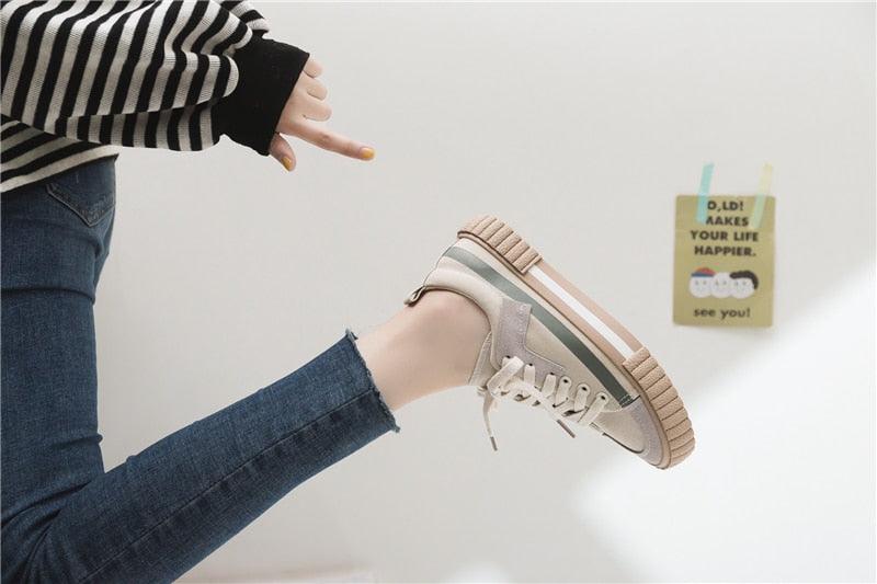 Stevvex women's striped beige canvas sneakers with lace-up and gum sole on Tampa Home & Garden Store
