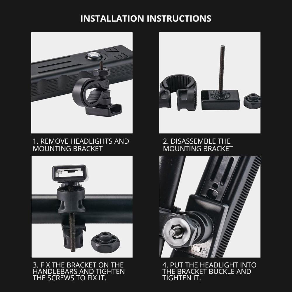 Stevvex bike light installation guide with mounting bracket, screws and clamps in 4 steps on Tampa Home & Garden Store