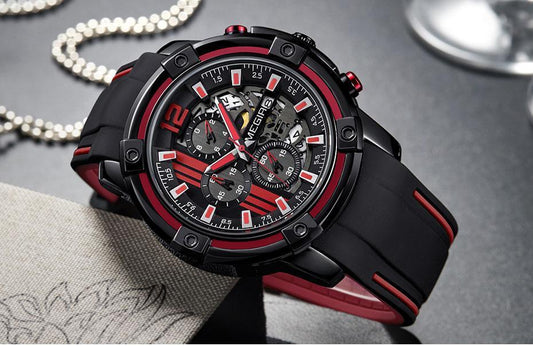 Stevvex ST621GNELIX1 men's black quartz sport watch with silicone strap red accents on Tampa Home & Garden Store