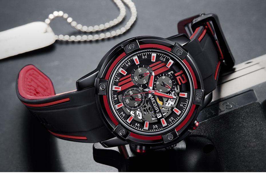 Stevvex black quartz wristwatch with sport silicone strap, luminous hands, red accents on Tampa Home & Garden Store