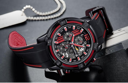 Stevvex black quartz wristwatch with sport silicone strap, luminous hands, red accents on Tampa Home & Garden Store