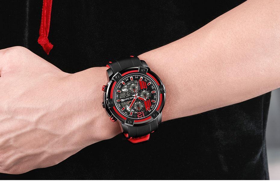 Men's black quartz wristwatch with red silicone strap and luminous hands by Stevvex on Tampa Home & Garden Store