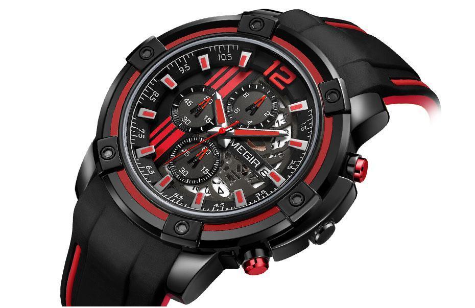 Men's black quartz sport watch with silicone strap, red accents, luminous Stevvex ST621GNELIX1 on Tampa Home & Garden Store