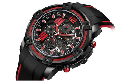 Men's black quartz sport watch with silicone strap, red accents, luminous Stevvex ST621GNELIX1 on Tampa Home & Garden Store