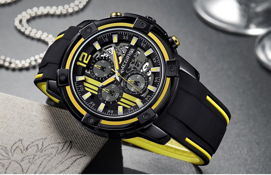 Stevvex ST621GNELIX1 men's black quartz watch with yellow accents and silicone strap on Tampa Home & Garden Store