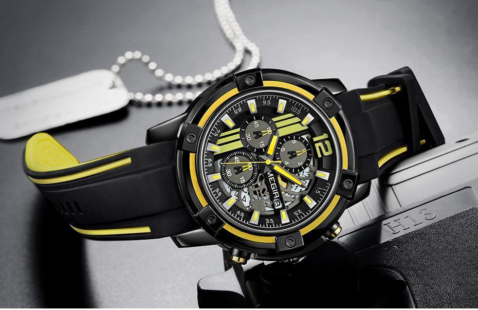 Stevvex ST621GNELIX1 men's black quartz watch with yellow silicone strap and skeleton dial on Tampa Home & Garden Store