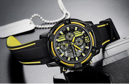 Stevvex ST621GNELIX1 men's black quartz watch with yellow silicone strap and skeleton dial on Tampa Home & Garden Store