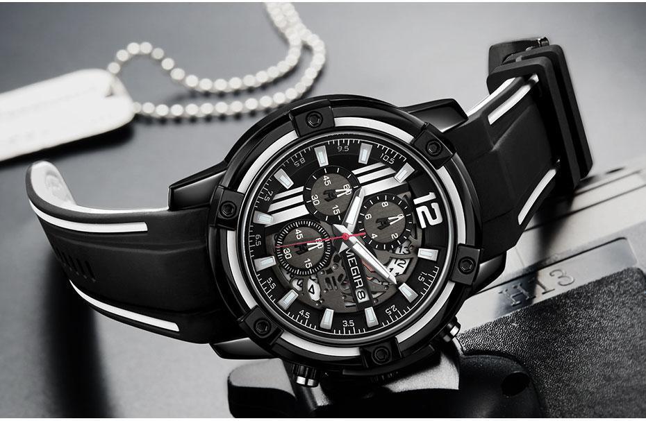 Men's black quartz wristwatch by Stevvex with silicone strap, luminous hands, chronograph on Tampa Home & Garden Store