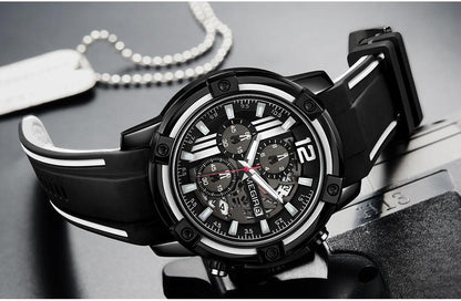 Men's black quartz wristwatch by Stevvex with silicone strap, luminous hands, chronograph on Tampa Home & Garden Store